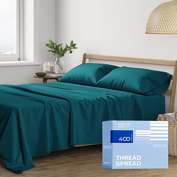 THREAD SPREAD Full Size Sheets Cotton - 400 Thread Count 4 PC 100% Cotton Full Size Sheet Sets, 16” Deep Pocket Full Size Sheets Set, Ultra Soft, Cooling Full Sheet Set, Luxury Hotel Sheets (Teal)