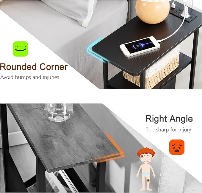 LOAKEKEL Narrow End Table Living Room with Charging Station, Skinny Side Table with Fabric Drawers, Slim LED Nightstand for Bedroom, Small Spaces, Couch, Black, HETNDP02LBK-1