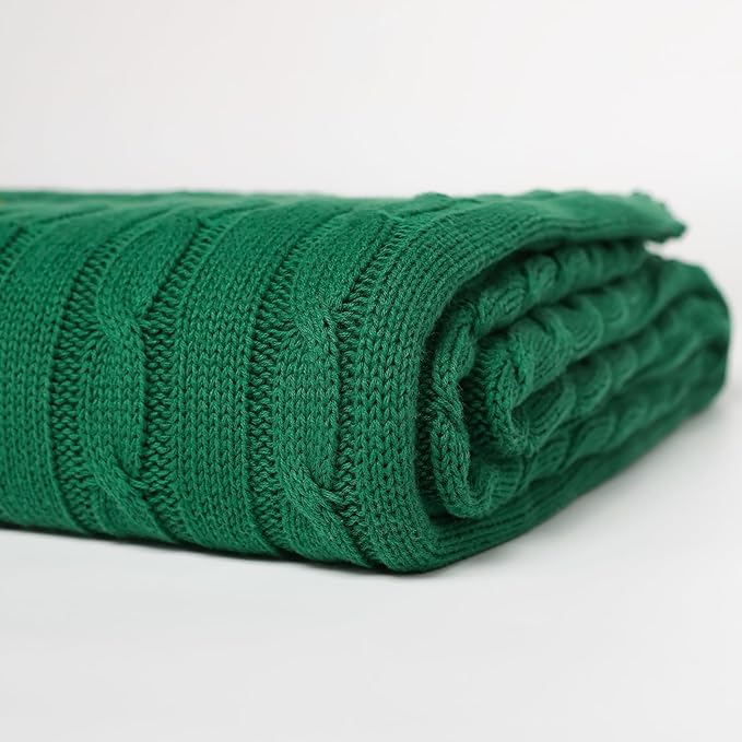 100% Cotton Cable-Knit Throw Blanket: 60" x 70", Ultra Soft, Breathable, All-Season Comfort & Versatility, Ideal for Couch, Bed, Travel and Gifting (Green)