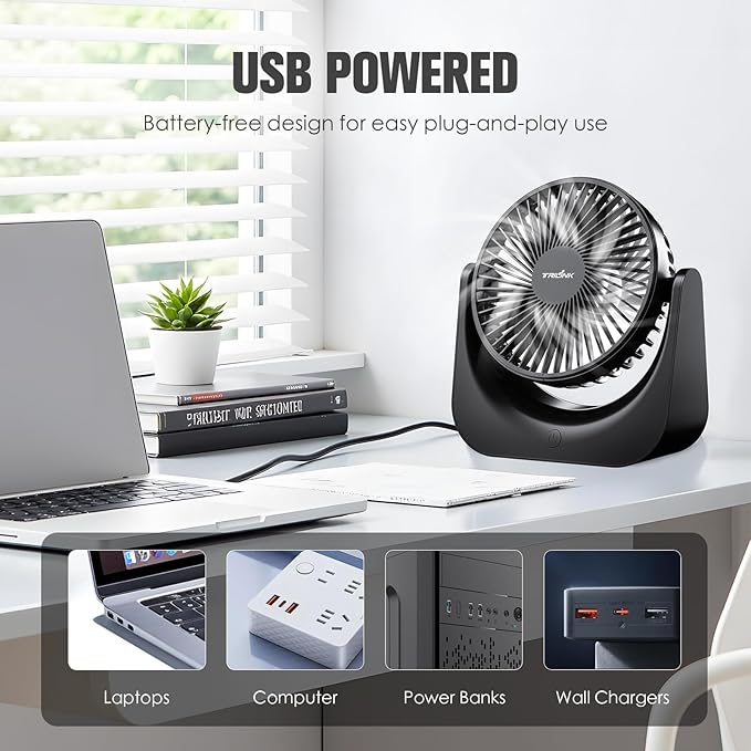 TRILINK Small USB Desk Fan – 5-Speed Mini Table Fan with Adjustable Tilt, Ultra Quiet, USB Powered, Portable Cooling Fan for Home, Desktop, Bedroom, Bed, Office, Travel, and Camping (Black)