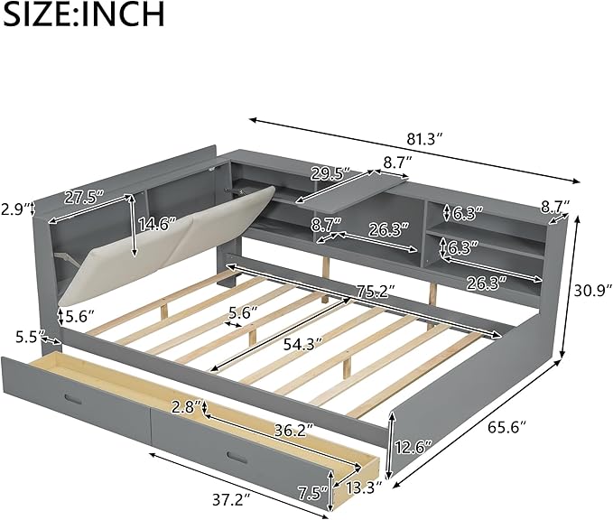 Ball & Cast Full Size Wooden Storage Daybed Frame, Modern Platform Bed with Drawers & Flip Headboard & Shelves, L Shaped Full Floor-Bed w/Upholstered Headboard&Storage, No Box Spring Needed, Gray