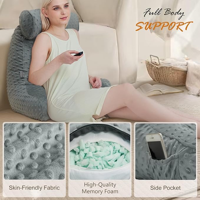 Reading Pillow for Sitting in Bed, Extra Large Backrest Support Cushion with Arms, Sit up Back Pillow Shredded Memory Foam back support Chair Pillow, Bed Rest Pillows with pocket, Detachable Neck Roll