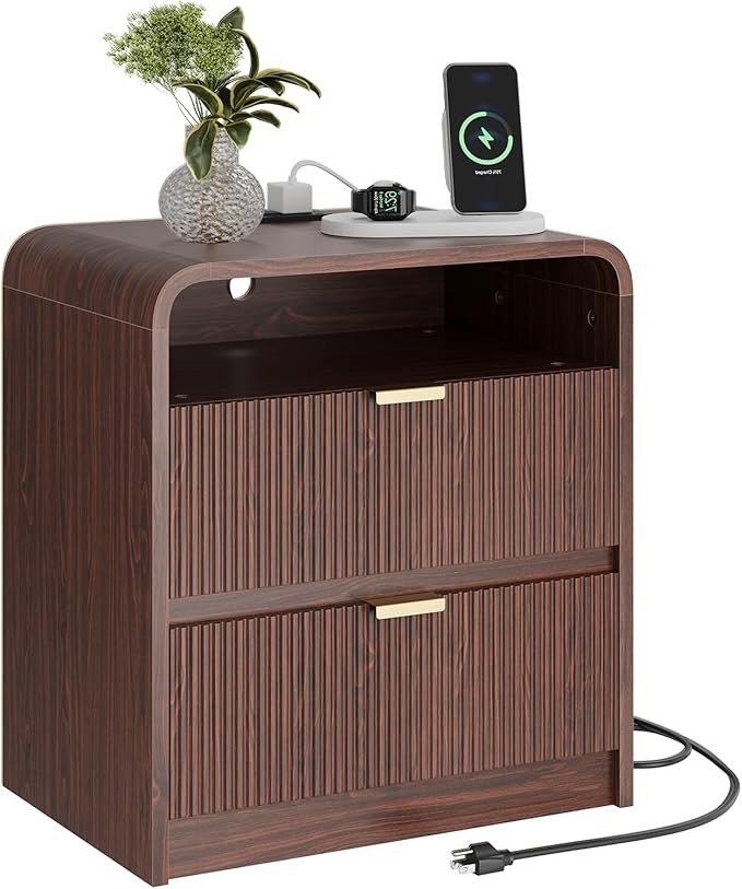 FURSUN 24" Fluted Nightstand with Charging Station, Wooden End Table with 2 Drawers Storage, Curved Profile Design, Modern Bedside Cabinet for Bedroom, Walnut