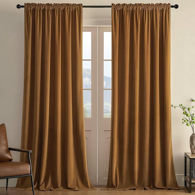 Joydeco Camel Brown Velvet Curtains 108 inch Length 2 Panels, Luxury Blackout Rod Pocket Thermal Insulated Window Curtains, Super Soft Room Darkening Drapes for Living Room Bedroom,W52 x L108 inches