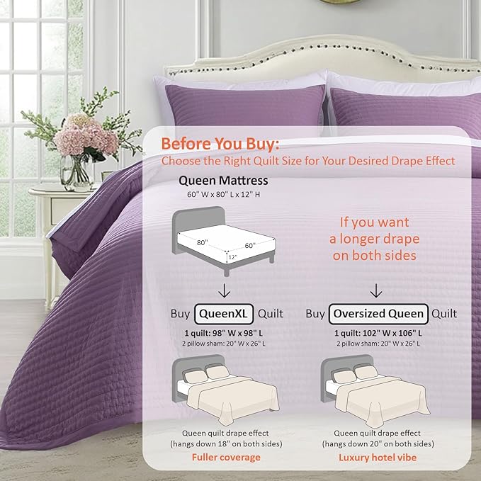 KASENTEX Queen XL Quilt Set 98"x98" – Soft Washed 3-Layer Lightweight Bedspread, Minimalist Nordic Design, All-Season Spring & Summer Quilt Set (1 Quilt + 2 Pillow Shams),Grape Jam Purple