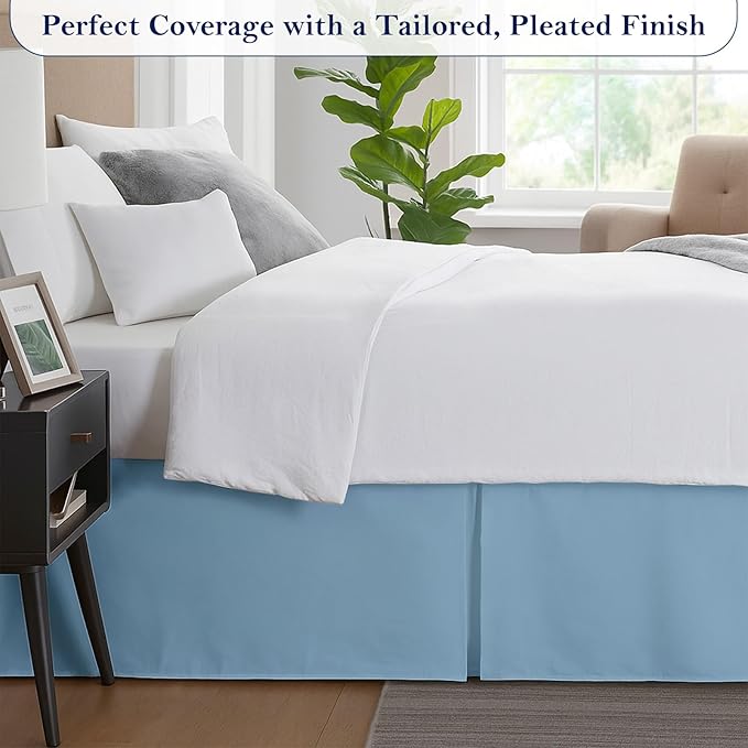 Queen Bed Skirt, Luxury 15 Inch Drop Light Blue Pleated Bed Skirt, Double Brushed Microfiber, Box Pleat Design, Wrinkle & Fade Resistant, Easy Fit Tailored Bedskirt for Queen Size Beds