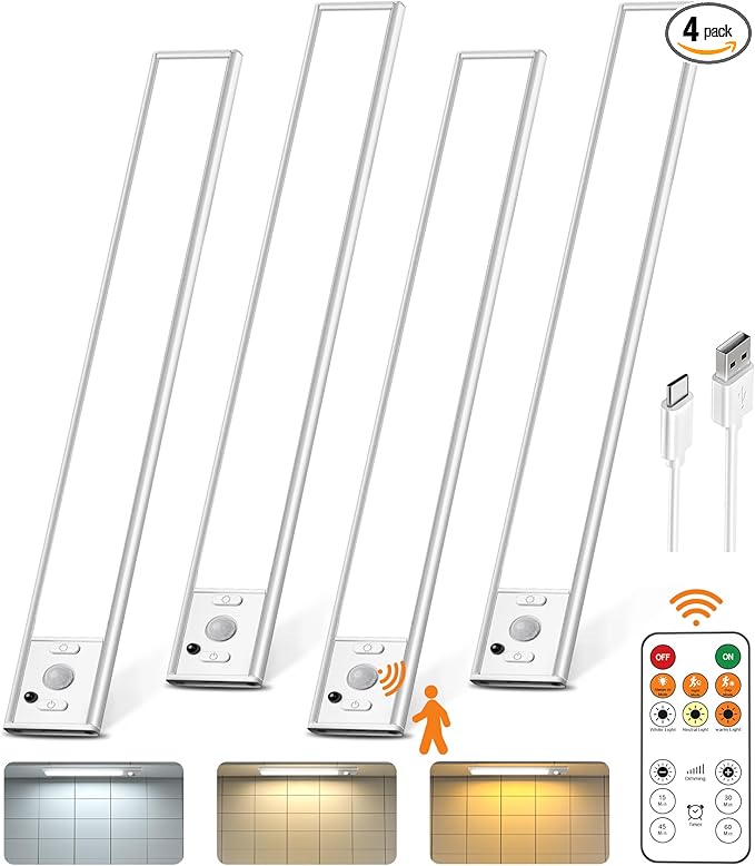 Under Cabinet Lighting with Remote Control,USB Rechargeable 180 Lumen LED Motion Sensor Light Indoor,Wireless Under Counter Light,3 Color Dimmable Closet Light for Bedroom,Wardrobe,Stairs,4 Pack