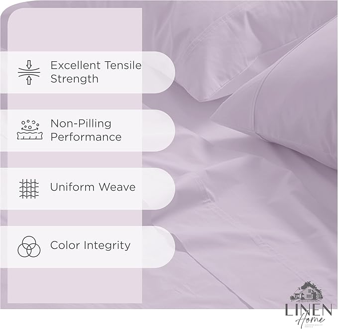 Linen Home 100% Cotton Percale Sheets King Size, Iris Lilac, Deep Pocket, 4 Pieces Set - 1 Flat, 1 Deep Pocket Fitted Sheet and 2 Pillowcases, Crisp Cool and Strong Bed Linen
