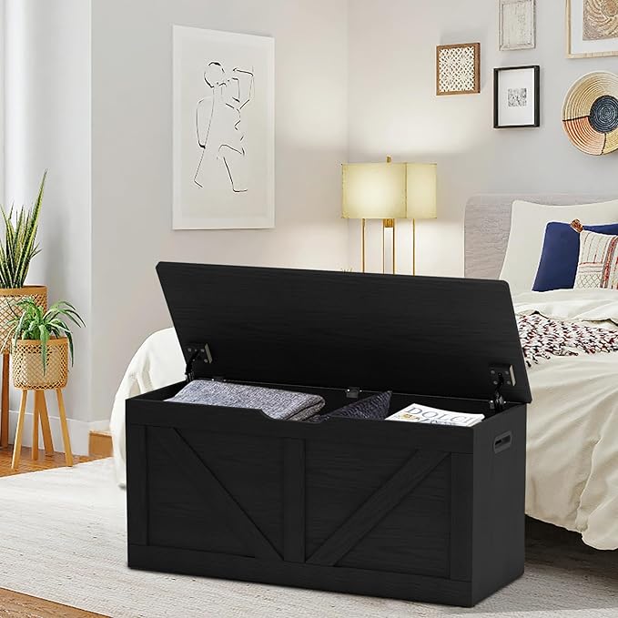 Timberer 39.4" Storage Chest, Wooden Storage Bench, Large Storage Trunk with 2 Safety Hinges, Entryway Shoes Bench for Living Room, Bedroom, Black