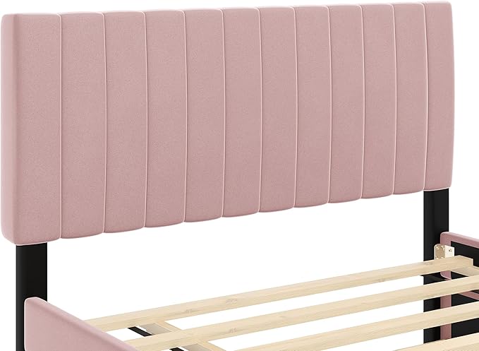 Full Bed Frame with Trundle Bed,Velvet Upholstered Platform Bed Frame,Full Size Trundle Bed with Headboard for Kids Teens Adults(Pink)