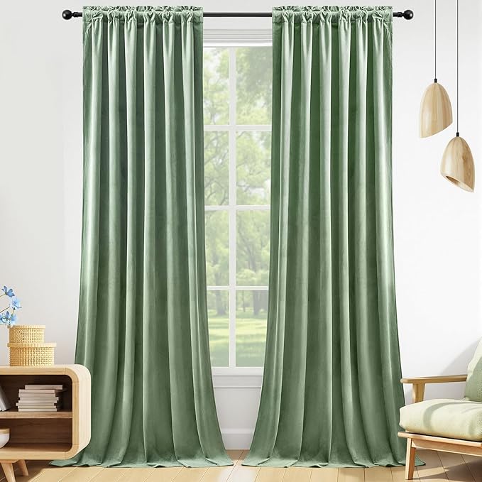 Sage Green Velvet Curtains 102 Inches Long for Bedroom, Super Soft Room Darkening Thermal Insulated Curtains Luxury Window Drapes for Living Room Nursery, Back Tab Rod Pocket, W52 x L102, 2 Panels
