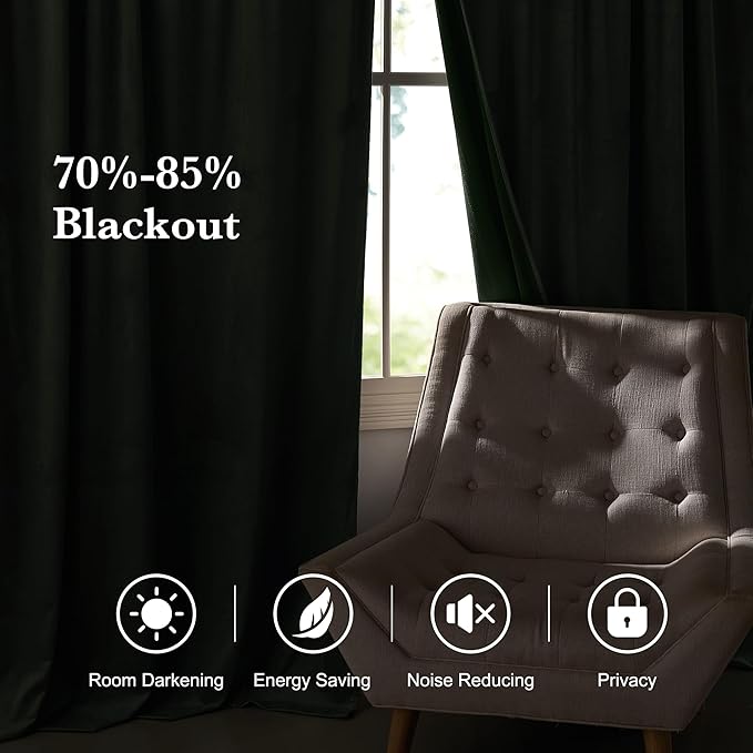 RYB HOME Elegant Green Velvet Curtains 84 inches Long, Light Blocking, Thermal Insulated, Stylish Back Tab Velvet Drapes for Cozy Home Aesthetics, 52" W x L84 L, 2 Panels Set