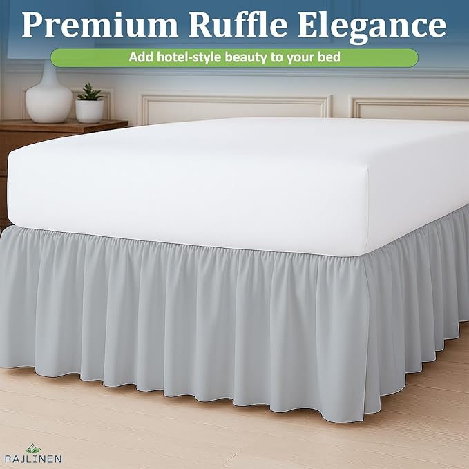 Rajlinen Ruffled Bed Skirt Full XL, 8 Inch Drop Dust Ruffle with Split Corners, 100% Microfiber Bedskirt with Platform, Three-Sided Coverage Ruffled Gathering Design, Light Grey
