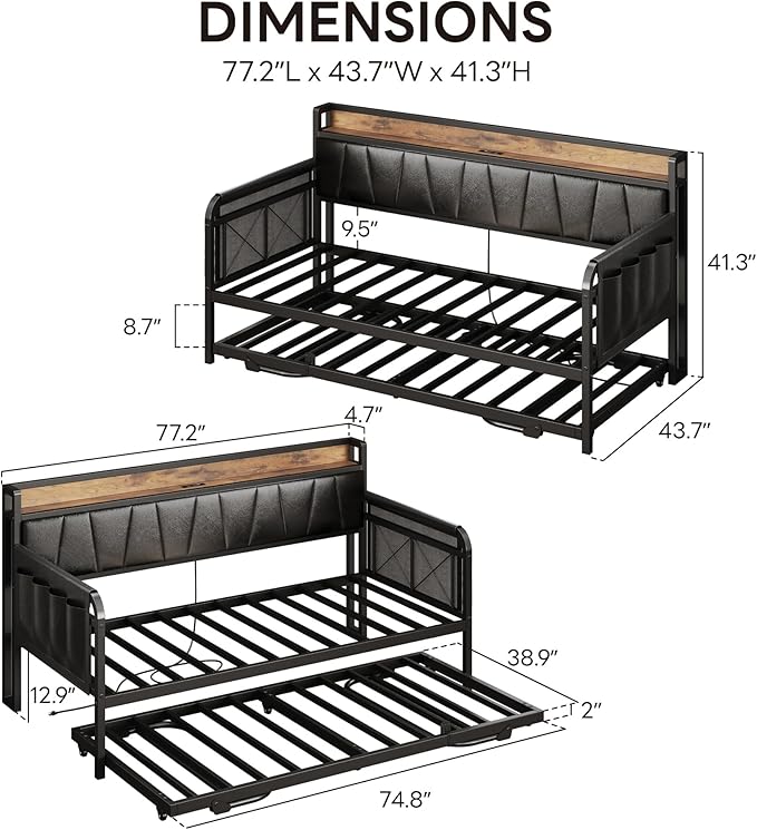 LIKIMIO Daybed with Trundle Bed, Twin Bed Frame with Storage Headboard and Charging Station, Sofa Day Bed with Strong Supports for Living Room, Bedroom, and Guest Room, Black