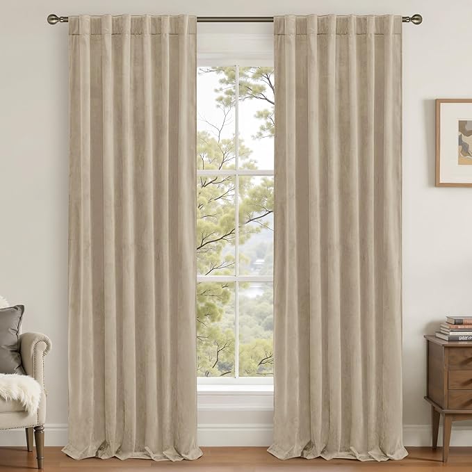 LAMIT Taupe Velvet Curtains 120 Inch for Living Room, Thick Thermal Insulated Room Darkening Drapes Super Soft Elegant Back Tab and Rod Pocket Panels for Sliding Glass Door, 2 Panels, 52 x 120 Inch