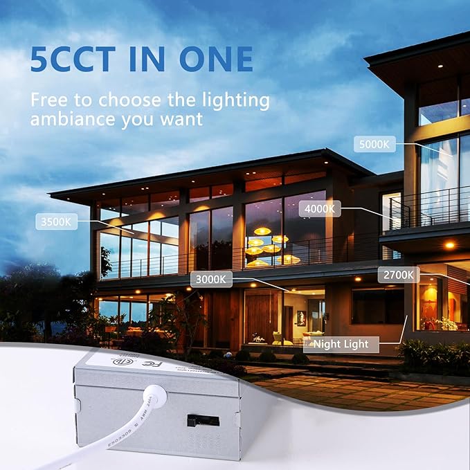 CycevSun Pot Lights LED 4 Inch Recessed Lights with Night Light Mode, Dimmable & 2700K/3000K/3500K/4000K/5000K Selectable, 9W, cETL, White, IC Rated, 12 Pack