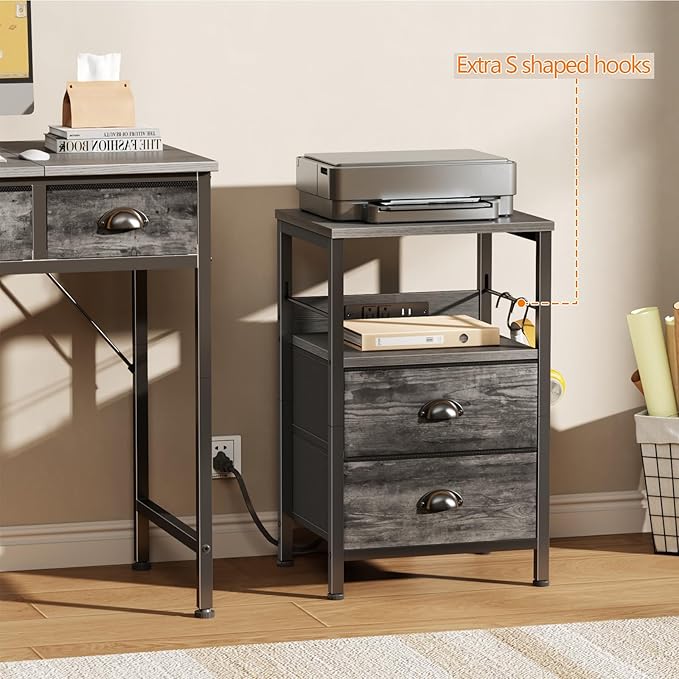 Furologee Nightstand with Charging Station, Night Stand with 2 Fabric Drawers, Side Table with USB Ports, End Table with Storage Shelf, for Living Room/Bedroom, Grey