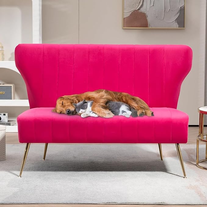 50’’ Armless Loveseat Sofa, Comfy Upholstered Velet Small Couch Sofa with Gold Legs, 2 Seater Tufted Modern Couch for Living Room, Bedroom, Apartment Small Space (Fuchsia)