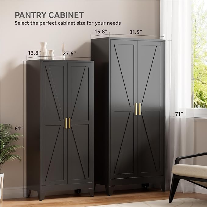 Farmhouse Pantry Cabinet with Barn Doors, 71" H x 31.5" W, 5-Tier Metal Storage Cabinet with 4 Adjustable Shelves for Kitchen Garage Dining Room, Black