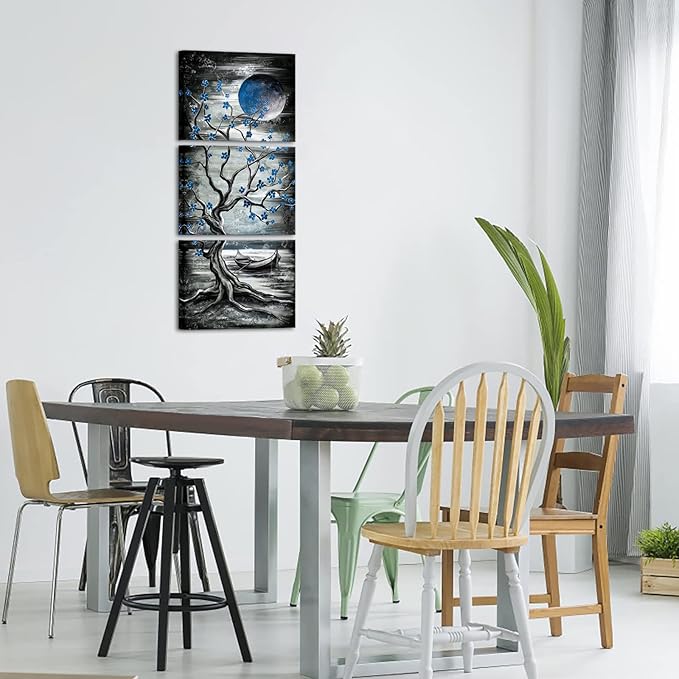 KREATIVE ARTS 3 Piece Full Moon Tree Canvas Wall Art Modern Abstract Black and White Tree Landscape Painting Prints for Bedroom Bathroom Decor Gallery Wrapped Artwork Ready to Hang (Blue)