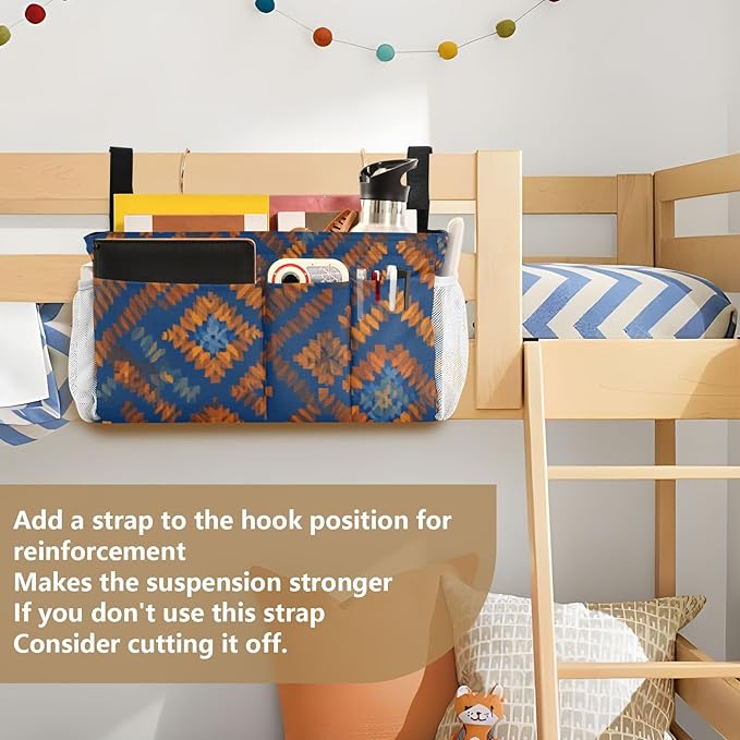 Bedside Caddy Hanging Bunk Bed Caddy Bed Organizer Hanging Pocket with 2 Hooks Bedside Storage Organizer Pocket Bag Holder Blue Orange Diamond Tie-dye