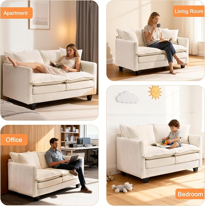 Loveseat Sofa Cloud Sofa Couch 50'', Modern Loveseats 2 Seat Couch 27" Deep Seat with 2 Pillows for Small Spaces Apartment Studio Office Bedroom Living Room 8834-BEIGE-1