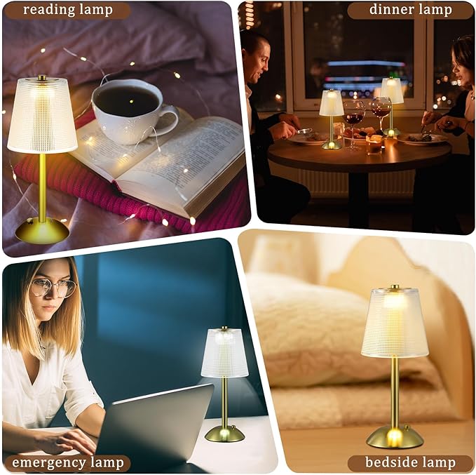 Liliful 2 Pcs Cordless Table Lamp Rechargeable Touch LED Small Gold Portable Battery Operated USB-c Desk Lamp 3 Color Dimmable for Bedroom Living Room Dining (Gold,Retro Style)