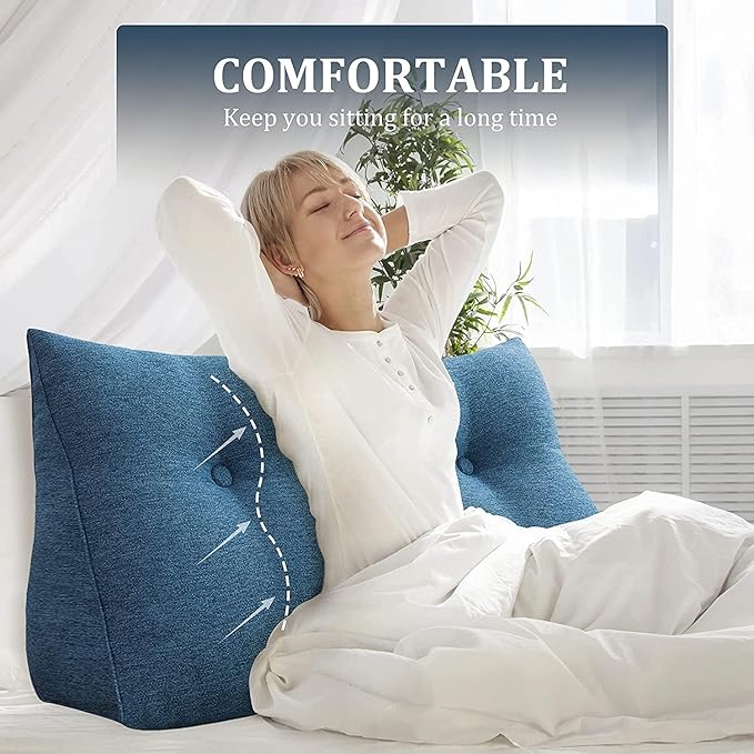 homecozy Wedge Headboard Pillow Dorm Room Reading Pillow Back Support for Sitting Up in Bed Bolster Lumbar Cushion Body Positioning Bedrest Cotton Linen 59in Blue Queen