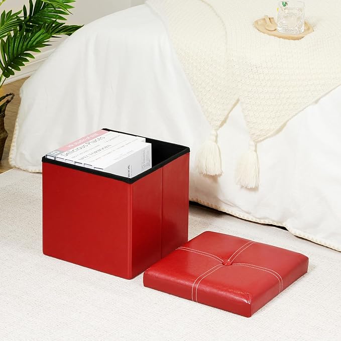 B FSOBEIIALEO Folding Storage Ottoman Cube, Faux Leather Footrest Seat Coffee Table, Red 11.8"x11.8"x11.8"
