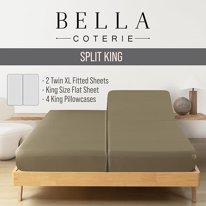 Bella Coterie 7 Piece Luxury Bamboo Viscose Split King Size Sheet Set | 2 Fitted Sheets for Adjustable Beds | 100% Organically Grown | Cooling for Hot Sleepers | 4 Pillowcases [Olive]