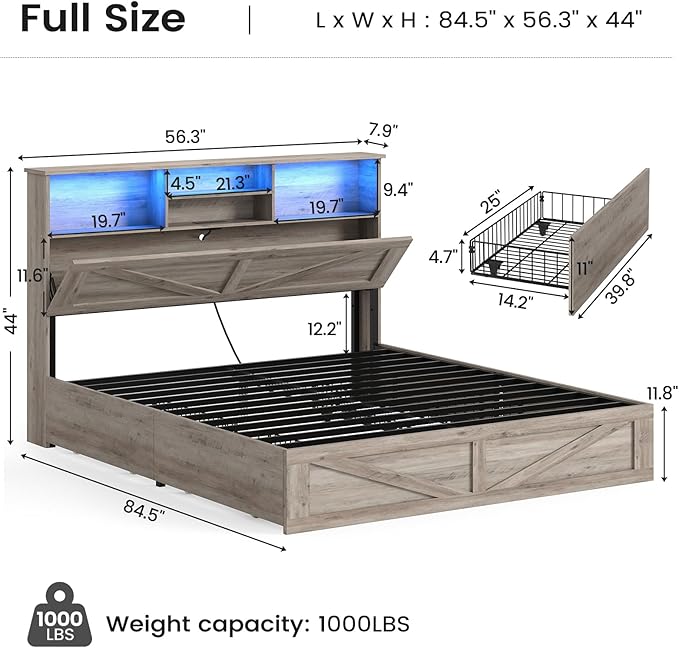 AOGLLATI Farmhouse Full Size Bed Frame with 4 Storage Drawers and Charging Station, Wooden Full Bed Frame with Hidden Space Bookcase Headboard and Led Lights & Metal Slats, Gray