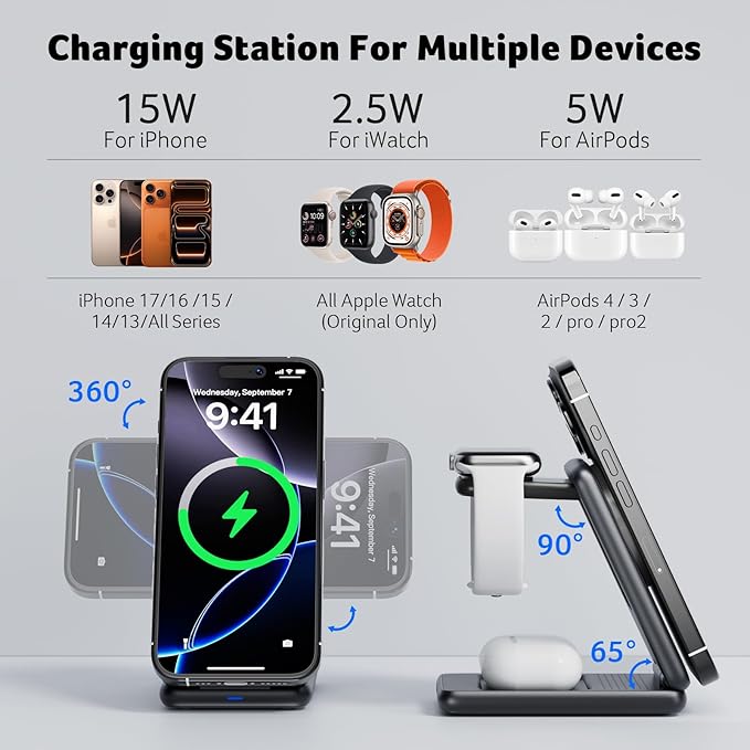 Acer 3 in 1 Charging Station for iPhone, Wireless Charger Stand,15W Fast MagSafe Charger for iPhone 17 16 15 14 13 12 Series-Apple Watch 10 9 8 7 6 5 4 3 2 SE and Ultra Series-Airpods 4 3 2 Pro Series
