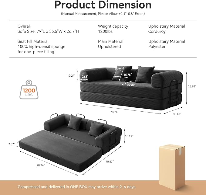 Convertible Sleeper Bed with 2 Cylindrical Pillow, Comfy Foldable Bed Compressed Sofa in Box, Floor Sofa Lounge Couch for Living Room Bedroom Lounge Studio, Tool-Free Assembly (Black)