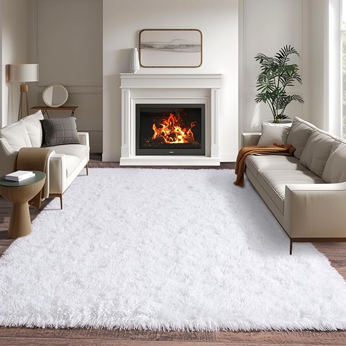 White Rugs for Living Room, Large Area Rug 6x9 Fluffy Shag Rug for Bedroom, Soft & Non Slip Fuzzy Thick Plush Carpet for Kids Room Dorm Home Decor