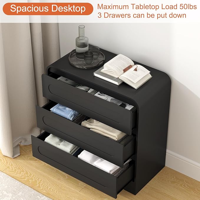 3 Drawer Dressers for Bedroom, 32" Wide Wood Storage Dresser & Chest of Drawers Organizer, Large Modern Dressers with 3 Drawer Storage Organizer for Bedroom Living Room Hallway Closet, Black