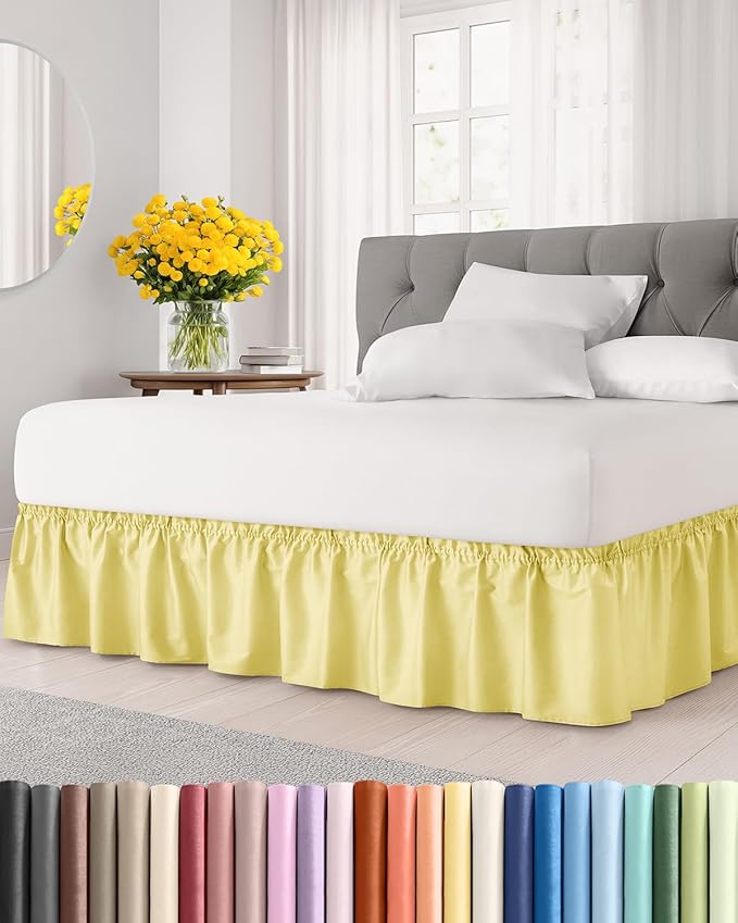 Wrap Around Dust Ruffle Bed Skirt - Yellow - for Full Size Beds with 15 Inch Drop - Easy Fit Elastic Strap - Adjustable Pleated Bedskirt w/Brushed Fabric - Wrinkle Free - for Women, Men, Kids & Teens