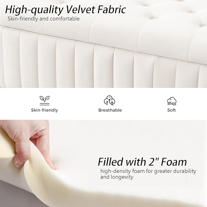 Velvet Storage Bench for Bedroom, Modern Tufted End of Bed Bench for King Size Bed, Upholstered Long Ottoman Bench with Gold Legs for Living Room/Entryway (Ivory White, 55" Wide)