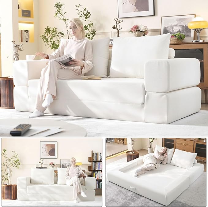 79'' Convertible Sleeper Sofa Bed, 3-in-1 Foldable Floor Couch with Corduroy Upholstery, No Assembly Loveseat, Light Brown Lounge Mattress for Living Room, Studio, Guest Room (White)