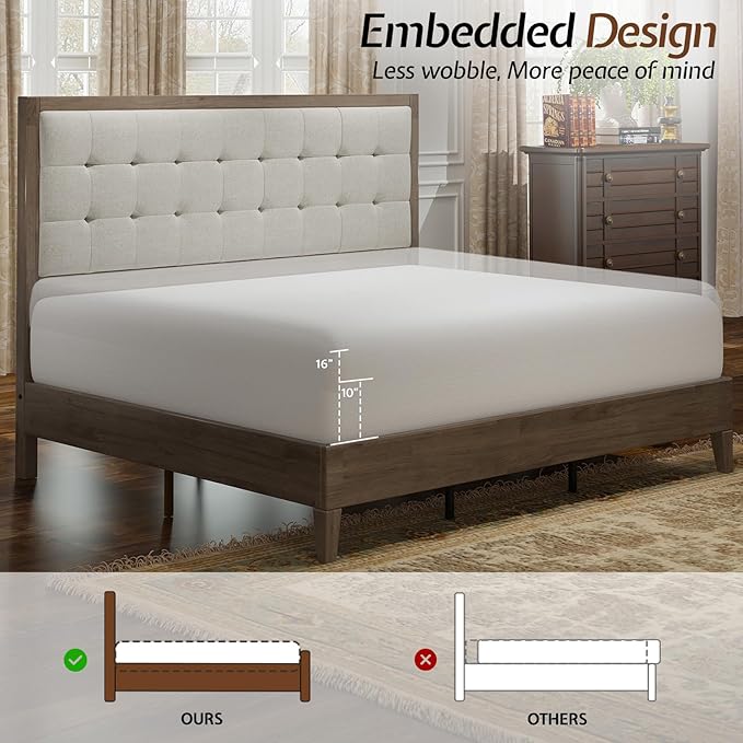 Jocisland Wood Full Size Bed Frame,Tall Upholstered Tufted Headboard, Solid Wood Platform, No Box Spring Needed, Ash Gray