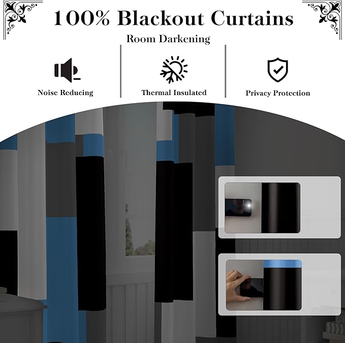 Light Blue 100% Blackout Curtains for Bedroom 63 inch Length 2 Panels Set White Grey Modern Abstract Geometric Black Out Curtains Insulated Room Darkening Window Drapes for Living Room, 52Wx63L