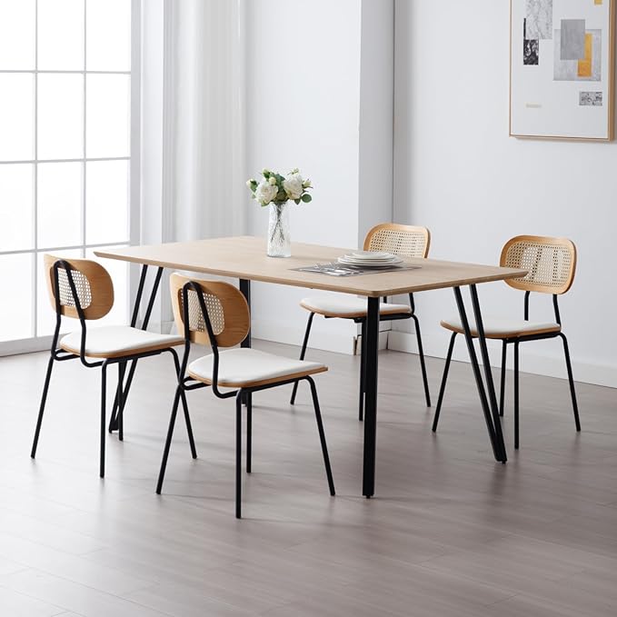 HEAH-YO Dining Chairs Set of 2, Upholstered Faux Leather Rattan Dining Chairs with Backrest and Metal Legs, Armless Kitchen Rattan Chairs for Dining Room, White