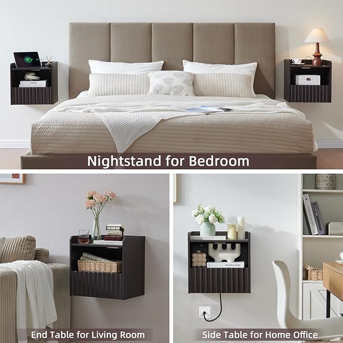 Modern Fluted Floating Nightstand Wall Mounted - Bedside Table with Storage Drawer & Display Shelf, Minimalist Bedroom Furniture for Studio Apartments(Espresso)