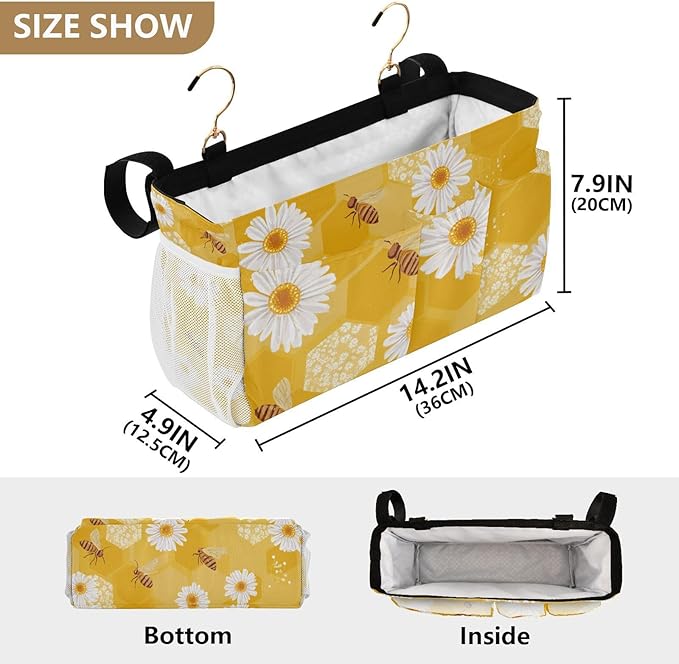 Bedside Caddy Hanging Bunk Bed Caddy Bed Organizer Hanging Pocket with 2 Hooks Bedside Storage Organizer Pocket Bag Holder Yellow Honeycomb Bee Daisy