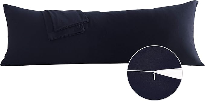 Oubonun 100% Jersey Cotton Body Pillow Cover with Zipper - Luxury Soft Removable Pillow Case - Long Fuzzy - Knitted (Navy Blue, 21"X54")