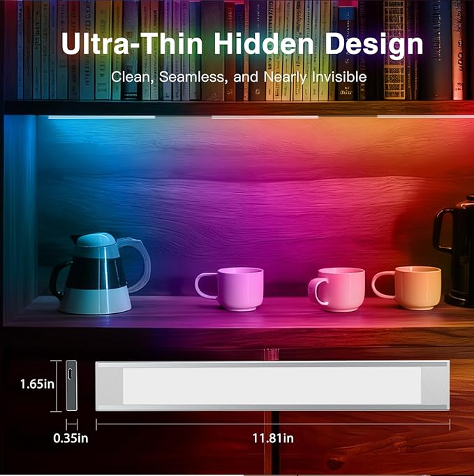 VST RGB Under Cabinet Lighting with Adjustable White Light, 12V Ultra-Thin LED Light Bar, APP & Voice (Alexa/Google), Remote & Button Control, Linkable Strip Lights for Cabinets, Closets, Shelves