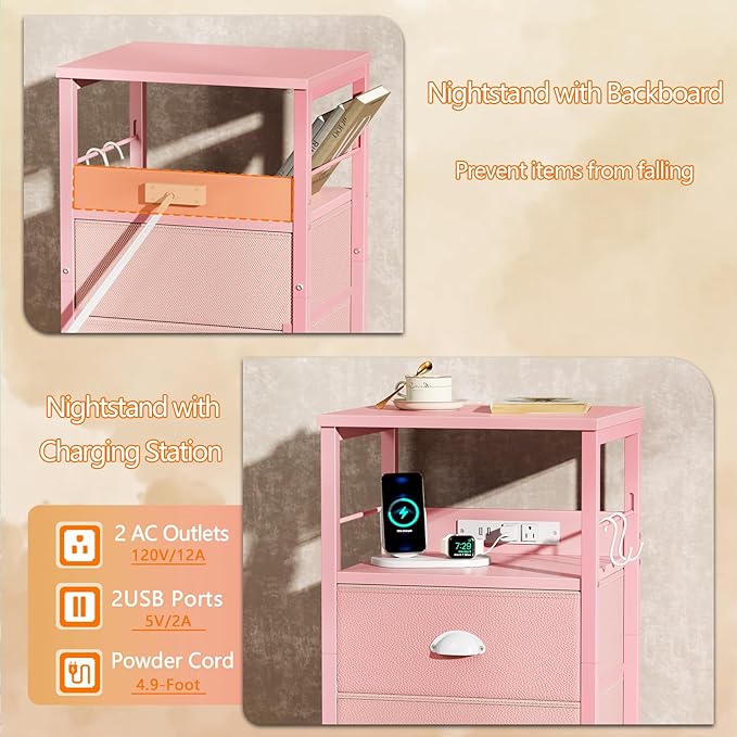 Furologee Nightstand with Charging Station, Night Stand with 2 Fabric Drawers, Side Table with USB Ports, End Table with Storage Shelf, for Living Room/Bedroom, Pink