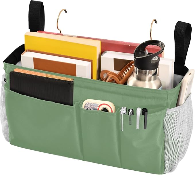 KOPIRIT Blue Gray Bedside Caddy Storage Bag Bedside Organizer for College Dorm Top Bunk Bed Hanging Bag Bedside Shelf 6 Pockets with Hooks for Drinks Magazine Phone Holder