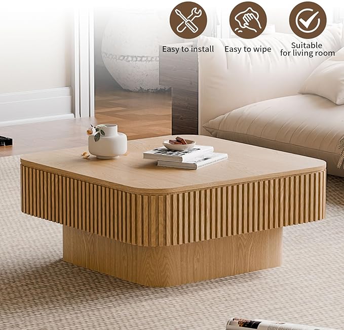 LKTART Coffee Table for Living Room, Accent Fluted Square Coffee Table with Hidden Storage, Modern Solid Wood Veneered Circle Center Tea Table for Small Space Apartment (31.5''D×14''H-Natural)