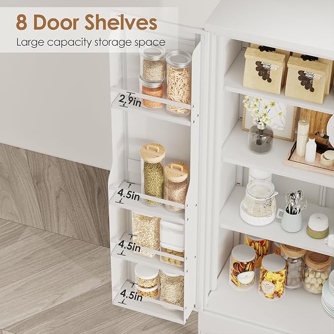47" Kitchen Pantry Cabinet, Metal Storage Cabinet with 3 Adjustable Layer Shelves, 8 Door Shelves, Buffet Sideboard for Living Room, Kitchen, White