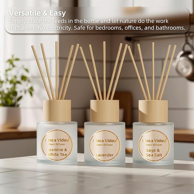 Reed Diffuser Set of 3, Binca Vidou Lavender, Jasmine & White Tea, Sage & Sea Salt Natural Scent Oil Diffusers with Sticks for Home Office Bathroom Aromatherapy Decor 1.69oz x 3